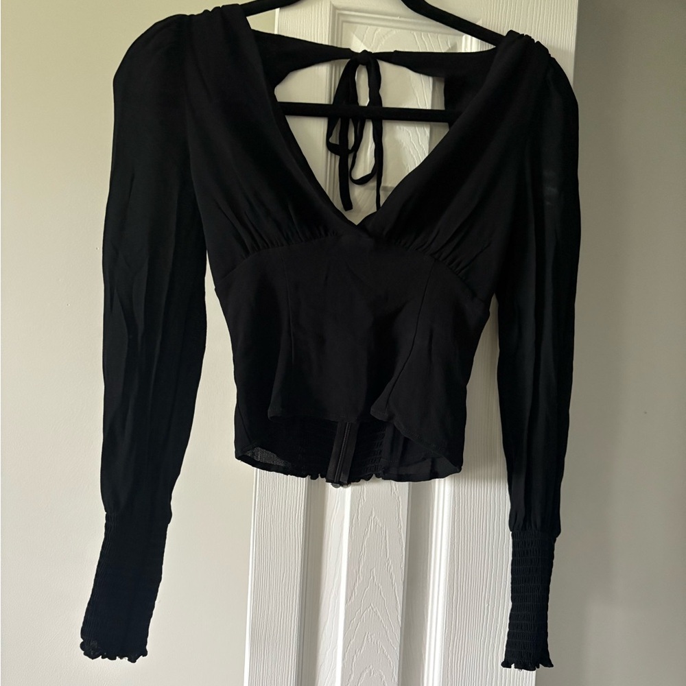 Reformation Black Long-Sleeve V-Neck Tie-Back Blouse